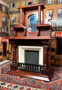 a wooden clock sitting on top of a table next to a fire place in a room