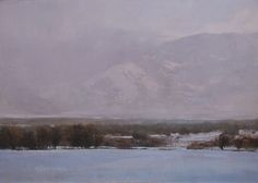 an oil painting of a snowy landscape with mountains in the background