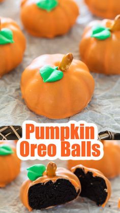 Orange pumpkin shaped oreo ball truffles with a pretzel stem and green leaf icing decoration. Halloween Dessert Table, Thanksgiving Desserts Table, Thanksgiving Snacks, Fall Baking Recipes, Oreo Balls, Fun Halloween Food, Easy Halloween Food