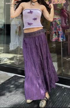 Purple Crochet Dress, Teal Maxi Skirt Outfit, Purple Skirt Outfit Aesthetic, Purple Hippie Aesthetic, Purple Maxi Skirt Outfit, Lavender Outfit Aesthetic, Rapunzel Inspired Outfits, Purple Skirt Outfit, Long Skirt Outfits Aesthetic