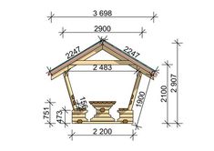 a wooden gazebo with measurements for the roof