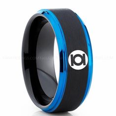 a black and blue ring with the letter i on it's center is shown