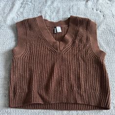 Brown H&M Sweater Vest (Never Worn) Casual Brown Vest For Fall, Casual Brown Vest For Spring, H&m Cotton Sweater For Fall, H&m Casual Fall Sweater, H&m Brown Tops For Fall, H&m V-neck Fall Outerwear, H&m Jackets, Rayon Pants, Jelly Shoes