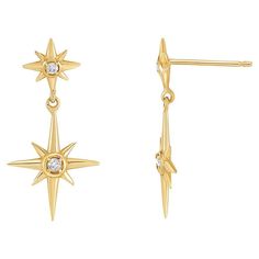 Our fine North Star range is a new collection of 14k Gold and Diamond guiding stars inspired by our ever-popular 'True North' Talisman designs. Delicate North Star earrings with elongated points and claw set with diamonds. Larger star drops hang elegantly from smaller star studs, these handmade 14k yellow gold earrings are from a new collection of Guiding Stars with designs inspired by our ever-popular True North charms. Made with recycled gold. Total diamond weight - 9pt. (F SI quality). Star Themed Earrings, 4 Point Star, Star Jewellery, Vancouver Island Canada, Double Earrings, Bling Earrings, Delicate Feminine, Yellow Gold Earrings, Solid Gold Earrings