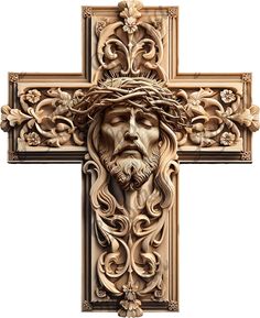 a wooden cross with jesus's face on it and vines growing out of it