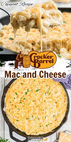 macaroni and cheese is being cooked in a cast iron skillet with the words cracker barrel on it