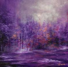 an oil painting of trees and water in purple tones, with the sky above them