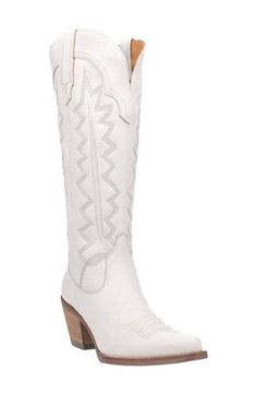 A lofty block heel elevates the look of a knee-high Western boot embellished with eye-catching zigzag stitching. 3" heel 16" shaft; 12" calf circumference Removable insole Leather upper/textile lining/rubber sole Imported Tall White Cowboy Boots, White Knee High Boots, Knee High Western Boots, Dingo Boots, White Cowboy Boots, Womens Cowgirl Boots, Cowboy Outfits, Tall Fashion, Western Boots Women