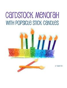 the cover of cardstock menorah with popsicle stick candles is shown in rainbow colors