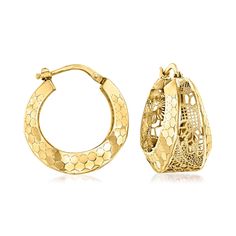 Ross-Simons - Italian 14kt Yellow Gold Floral Filigree Hoop Earrings. 7/8". Combining captivating panels of floral filigree and honeycomb-style designs, these Italian-made hoop earrings offer enough visual intrigue to complete an entire outfit. Crafted in 14kt yellow gold with satin and polished finishes. Hanging length is 7/8". Snap-bar, 14kt yellow gold floral filigree hoop earrings. Jewelry Presentation, Filigree Hoop Earrings, Floral Filigree, Jewelry Lookbook, Timeless Jewelry, Gold Floral, Fine Jewellery Earrings, Jewelry Earrings Hoops, Modern Woman