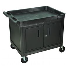 a black plastic utility cart with two doors