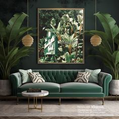 a living room with green velvet couches and large paintings on the wall above them