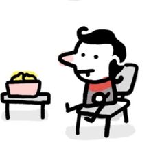 a drawing of a man sitting in a chair with food on the table next to him