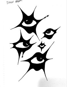 three black and white faces with spikes on their foreheads, one in the shape of an eye