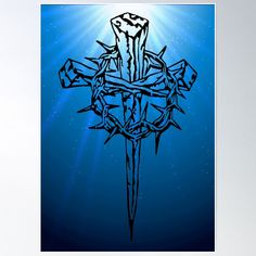 the cross is surrounded by barbed wire and blue water poster print with light rays coming from behind it