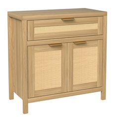 a wooden cabinet with wicker doors on the front and bottom drawers in light wood