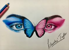 two butterflies with blue and pink wings on their faces, one is drawn in colored pencil