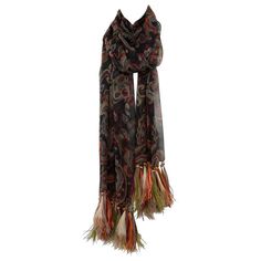 Probably by Yves Saint Laurent, this ravishing vintage silk chiffon scarf stole is embellished on both ends with gilt metal and faux amber beads, gracefully enlightened with coloured ostrich feathers. Paisley print in beautiful shades of orange, olive green, grey, burgundy and light beige on a dark background. It will look so chic loosely draped around the neck ! Measurements : Total length (beads and ostrich feathers not included) approx. 326.2 cm (128.4 inches) Beads and ostrich feathers lengt Scarf Aesthetic, Feather Scarf, Evening Scarf, Silk Chiffon Scarves, Chiffon Shawl, Stole Scarf, Crochet Wool, Gray Silk, Chiffon Scarf