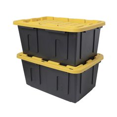 two black and yellow plastic storage containers