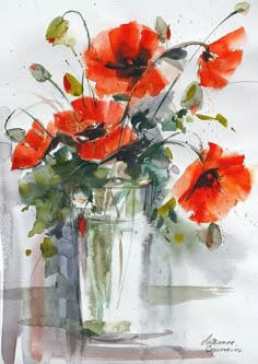 a watercolor painting of red flowers in a vase