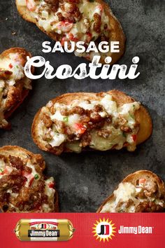 sausage crostini with cheese and sauce on top is featured in the jimmy dean cookbook