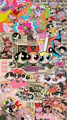 the powerpuff girls stickers are all over the place in this collage