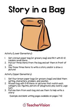 a brown bag with the words story in a bag on it and instructions for writing