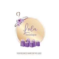 the logo for lola boutique is shown with purple bags and flowers on it's side