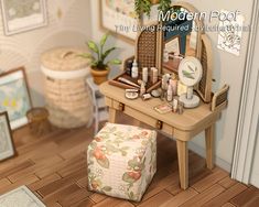 a small wooden table with cosmetics on it