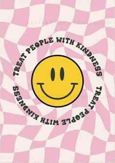 a pink and white checkered background with a smiley face in the center that says team people with kindness