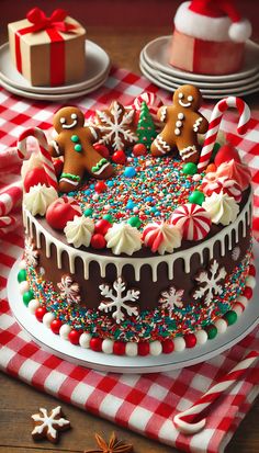 a decorated christmas cake sitting on top of a table