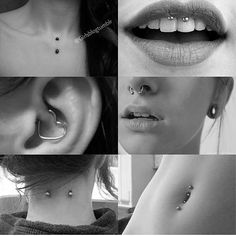 four different pictures of the same person with piercings on their ear and nose rings