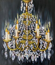 a painting of a chandelier with candles and crystal drops on the bottom tier