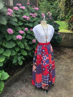 "Thank You If You Favored One of My Items! You Will Receive 10% Off an Item of Your Choice, Unless It Is on Sale, CODE17. Thank You 70's AMERICANA PATCHWORK Skirt/70's Maxi Skirt/70's Patchwork Skirt/Vintage Usa Skirt/Red White and Blue Skirt/70's Maxi/Near MINT Condition Circa 70's Handmade AMERICANA PATCHWORK Skirt You are Currently Viewing a Beautiful Vintage 1979's Handmade Patchwork Maxi Skirt. This Skirt is Fully lined in Navy with Pinked Seams. This Lovely Features Gorgeous Colors of Red, Retro Patchwork Skirt For Summer, Vintage Cotton Maxi Skirt, Retro Patchwork Skirt For Spring, Vintage Cotton Maxi Skirt With Lining, Vintage Long Skirt With Patchwork, Retro Fitted Patchwork Skirt, Retro Lined Maxi Skirt, Vintage Relaxed Pleated Maxi Skirt, Vintage Relaxed Fit Lined Maxi Skirt