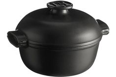 a black casserole is shown on a white background