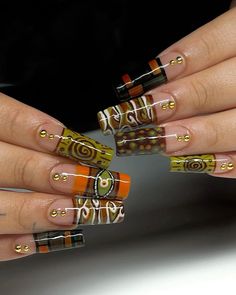 Fall Junk Nails, Square Polygel Nails, Brown Orange Nails, Green Orange Nails, Brown And Orange Nails, Orange And Brown Nails, Brown And Green Nails, Orange And Green Nails, Green And Brown Nails