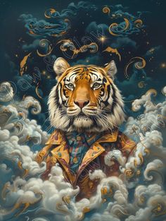 a painting of a tiger in the clouds