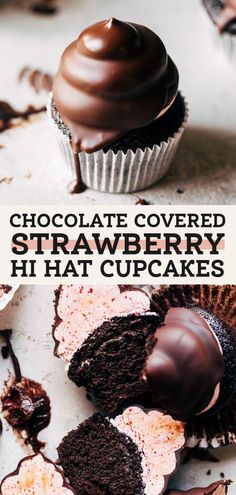 chocolate covered strawberry hi hat cupcakes on a white surface with text overlay