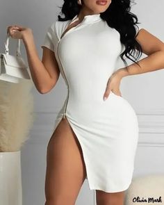 Olivia Mark - Vestido Bodycon de Manga Corta y Abertura Alta White Bodycon, White Bodycon Dress, Dress Sleeve Styles, Short Sleeve Bodycon Dress, Patchwork Dress, Hip Dress, Yellow Fashion, Short Sleeve Dress