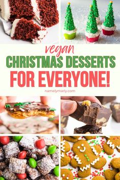 A collage of images show things like cupcakes, fudge, gingerbread cookies, and more. The text reads, Vegan Christmas Desserts For Everyone! Bite Size Christmas Desserts, Easy Holiday Desserts Christmas, Vegan Holiday Desserts, Christmas Pudding Recipes, Crockpot Hot Chocolate, Baking Easy, Xmas Desserts