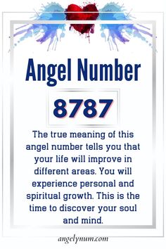 an angel number sign with the words angel number 787 in blue, red and white