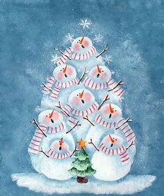 a painting of snowmen with hats and scarves around a christmas tree in the snow