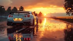 a white sports car driving down the road in the rain at sunset or sunrise time