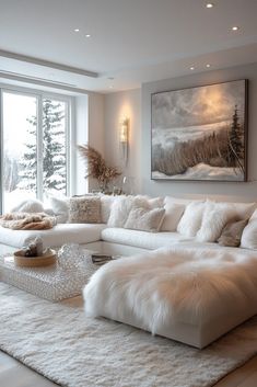 a living room filled with white furniture and lots of window sill covered in fur