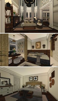 three different views of a bedroom and living room