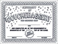 a certificate with the words douchebagge in black and white, surrounded by confetti