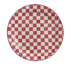 a red and white checkered plate on a white background