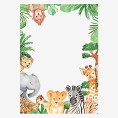 watercolor jungle animals frame with palm leaves