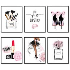 four cards with lipstick, perfume and shoes on them