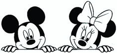 two mickey and minnie mouses with their heads turned to look like they are looking at each